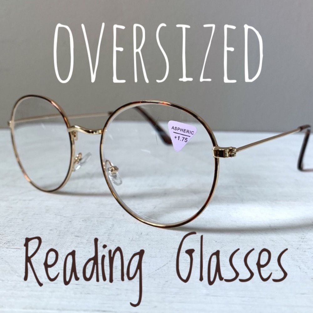 Oversized +2.00 Reading Glasses Round Metal Gold/Tortoise Frame